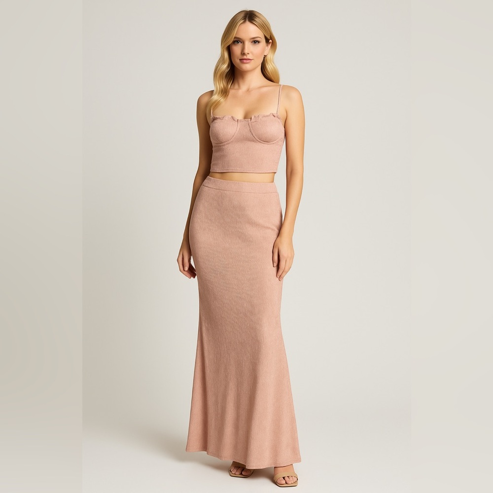 Commense Two Piece Set SlCrop Top Maxi Skirt Blush color Champagne size XS